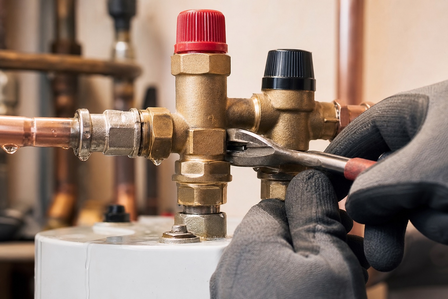 Main gantée réparant un groupe de sécurité de chauffe-eau