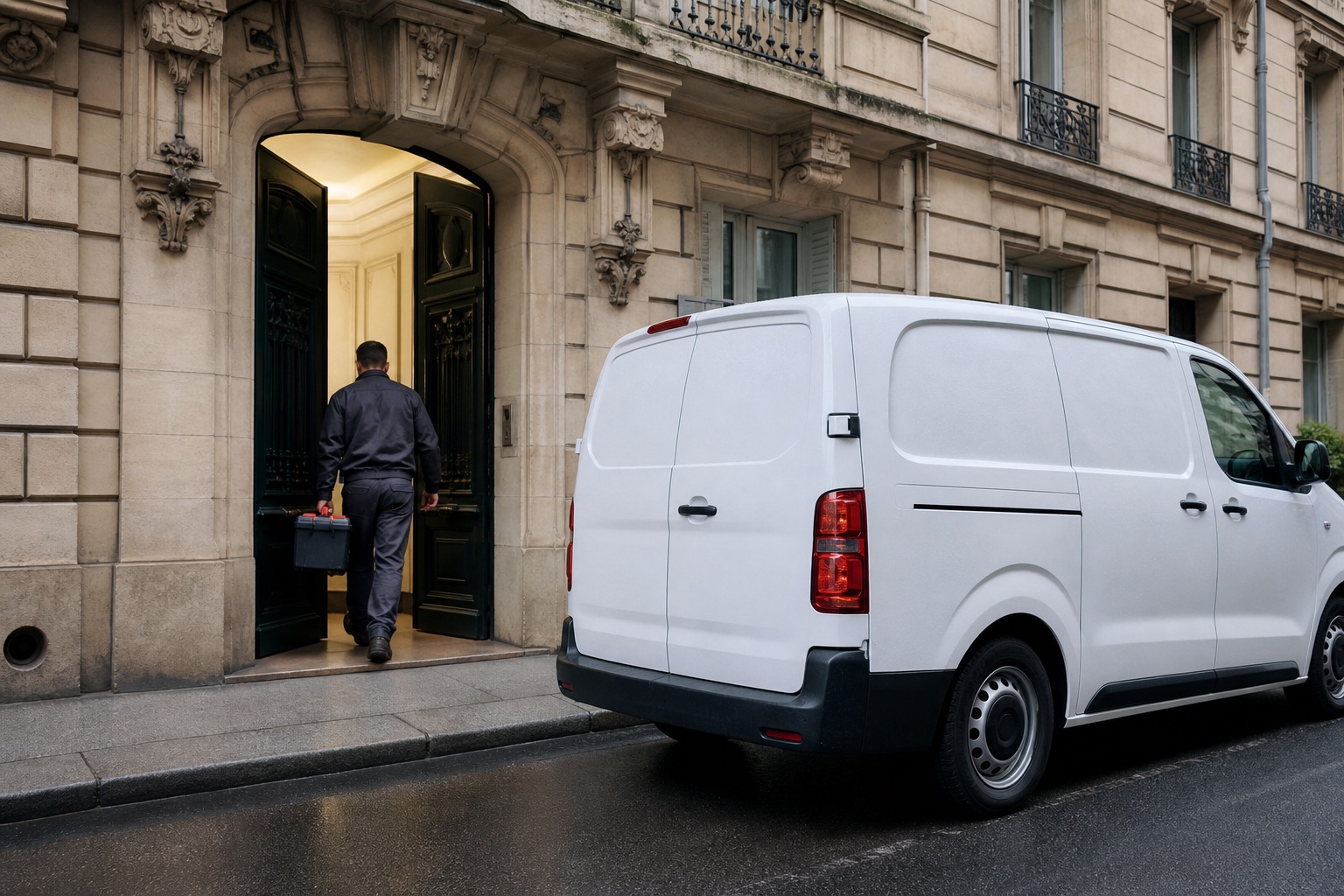 Plombier arrivant avec une caisse à outils pour une intervention urgente