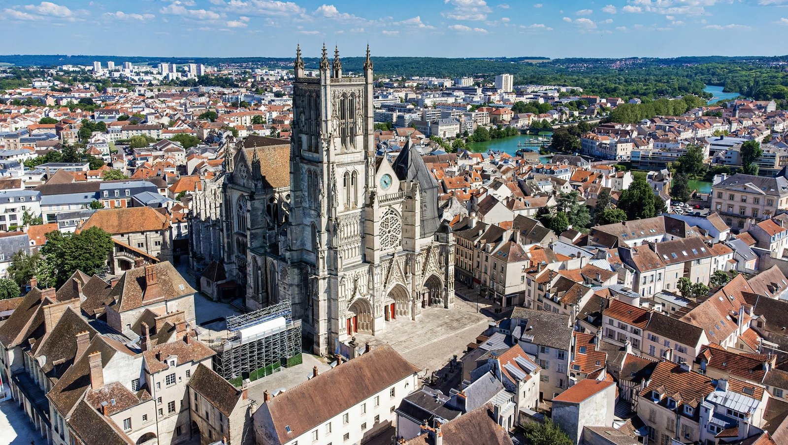 Aerial view of Saint Etienne Cathedral in Meaux, near the Marne River in Seine et Marne,