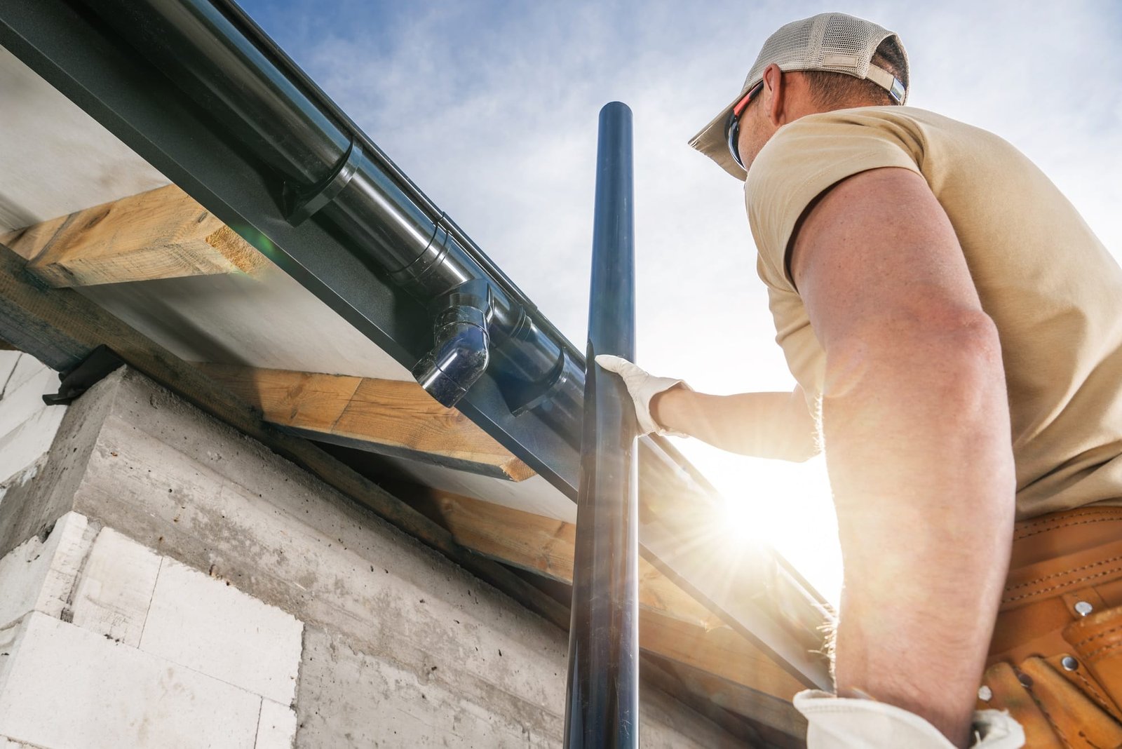 Construction Roof Worker Installing House Gutters